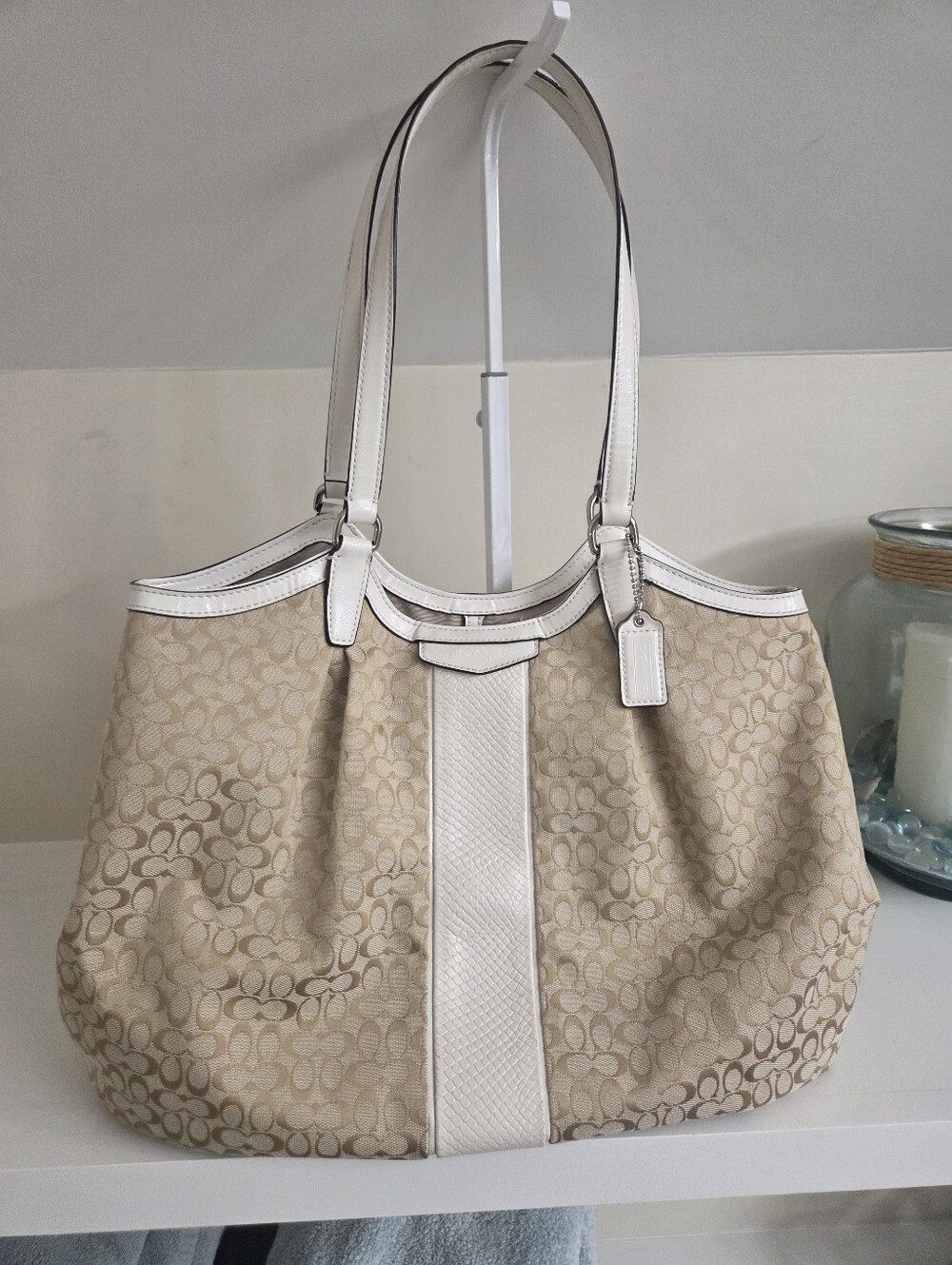 Coach Devin Signature Stripe Canvas  Shoulder Bag With White Embossed Leather